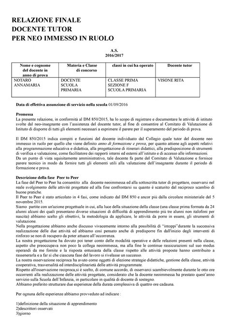 RELAZIONE FINALE DEL DOCENTE TUTOR .